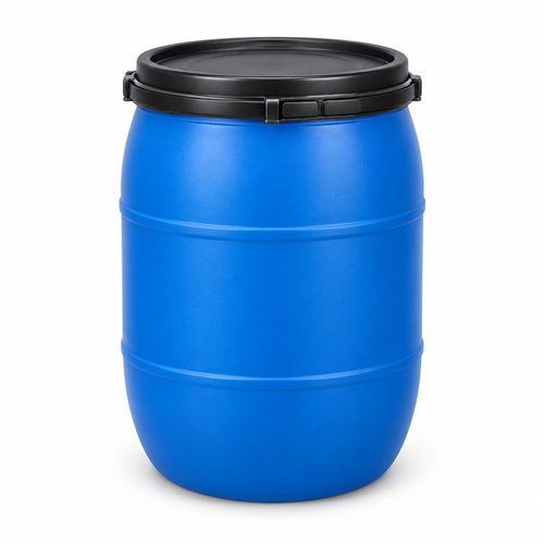 Baril d'expédition en plastique bleu de 15 gallons avec couvercle noir