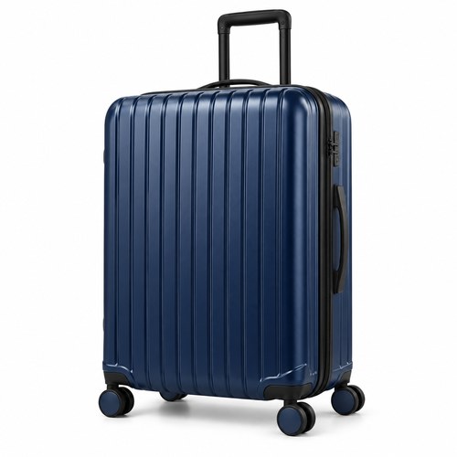 Valise rigide extra-large de couleur bleu marine, équipée de roulettes et d’une poignée télescopique