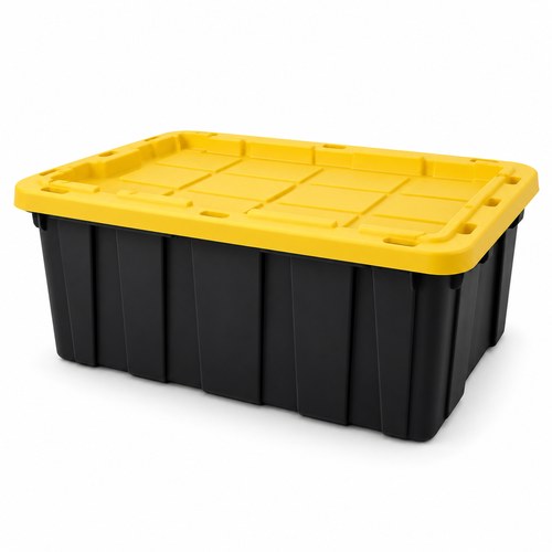 Exemple de bac de rangement noir avec couvercle jaune, modèle 26 x 18 x 12 pouces