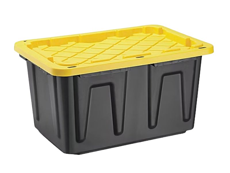 Black storage tote with a yellow lid (reference image)