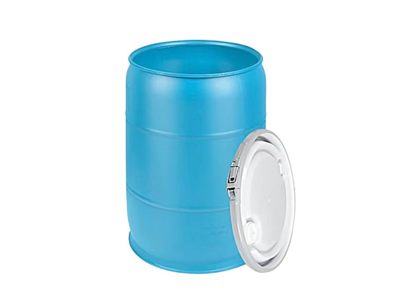 Baril en plastique bleu à ouverture supérieure, avec un couvercle blanc à côté (image de référence)